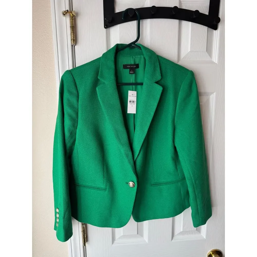 Ann Taylor Women’s Blazer Size 8 Green Gold Textured Classic Tailored - Picture 8 of 8